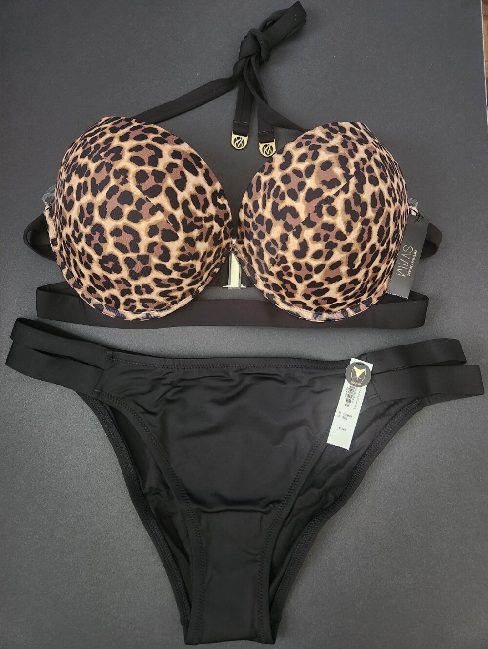 36DD/XL VS Archives Swim Banded PushUp Bikini Top Brazilian Bikini Set Leopard